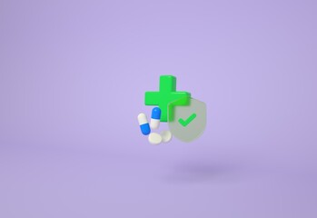 Obraz premium Health insurance icon concept. Life insurance, family health care protection. Heath examination record, medicine, shield icon on the purple background. Finance and medical service. 3D render