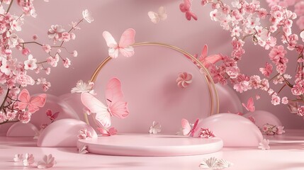 Butterfly Podium Background Pink 3D Flower Pedestal