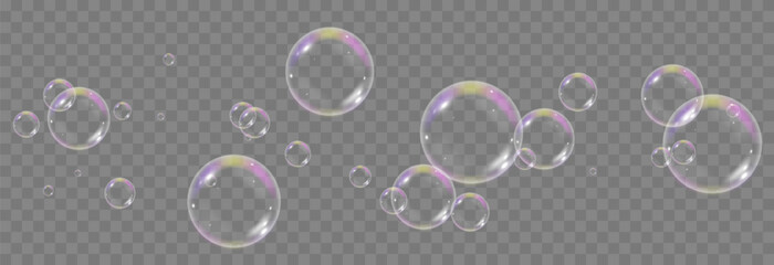Vector soap bubbles png. Flying soap bubbles. Soap bubbles with various reflections. Detergent, soap, shampoo, foam.