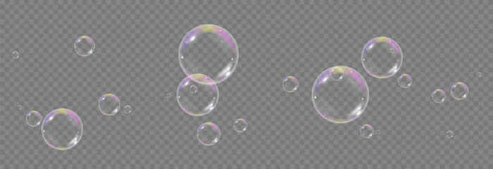 Vector soap bubbles png. Flying soap bubbles. Soap bubbles with various reflections. Detergent, soap, shampoo, foam.