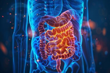 Human digestive system anatomy blue background. 3d illustration - obrazy, fototapety, plakaty