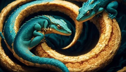 Two azure serpents entwine in an infinite loop, their scales glistening, evoking ancient symbols of eternity against a shadowy abyss. - obrazy, fototapety, plakaty