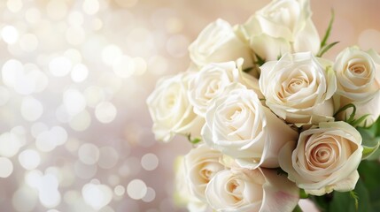 Bouquet of lush white roses. Background with roses and place for text