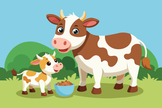 baby-cow-and-heh-mother-eating-feed-vector-illustration.eps