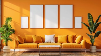 a wall with blank white portrait frames with modern orange color interior design and furniture and calligraphy
