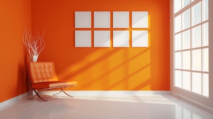 a wall with blank white portrait frames with modern orange color interior design and furniture