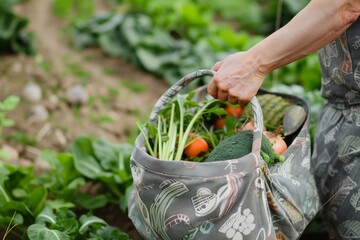 person using a fabric basket to collect vegetables from a garden