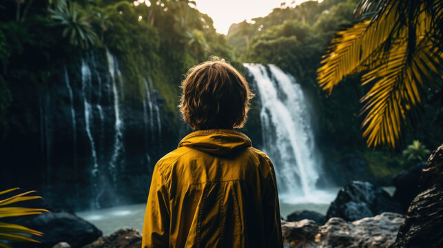 Caucasian boy standing on a rock watching the water fall from the waterfall in the lush forest.
