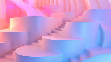set of stairs in a room with a pink and blue neon color scheme, creating a unique and eye-catching backdrop, background, wallpaper
