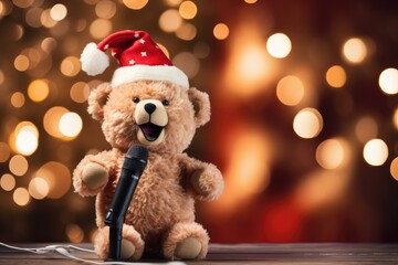 Teddy bear with a microphone and Christmas hat