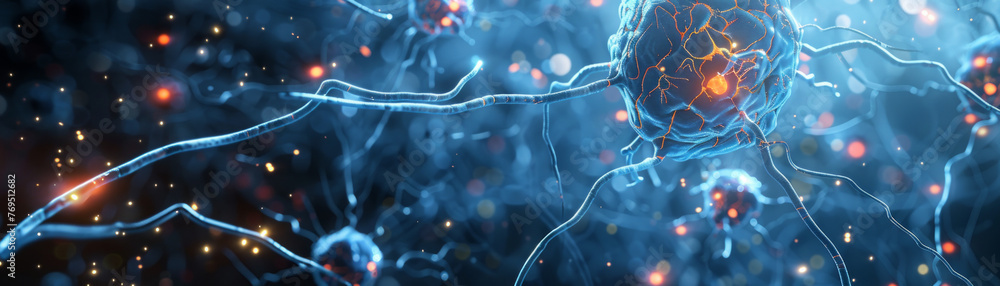 Poster a vibrant image depicting a neuron with a bright nucleus, surrounded by dendrites against a dark bac