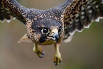 Obraz premium closeup of falcons head in flight, beak open