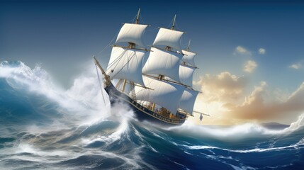 Sailing ship braving the stormy sea - obrazy, fototapety, plakaty