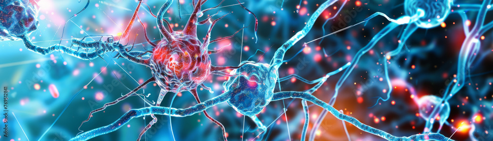 Poster close-up digital portrayal of a active synapse between neural cells with vivid colors and dynamic li
