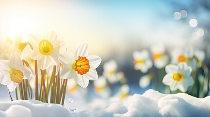 Daffodils emerging through snow in sunlight