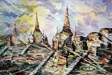 Art painting  watercolor  Temple  thailand  ,  Ayutthaya Historical Park , Wat Phrasisanphet   