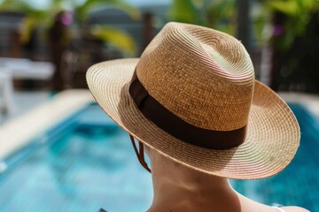 person wearing a straw fedora by a poolside - obrazy, fototapety, plakaty