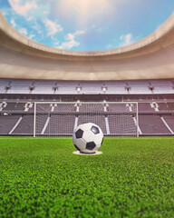  Soccer ball in front of soccer goal gate closeup with green grass. 3D Illustration. textured soccer game field. Poster.