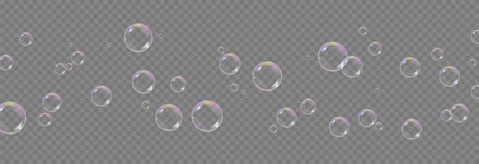 Vector soap bubbles png. Flying soap bubbles. Soap bubbles with various reflections. Detergent, soap, shampoo, foam.