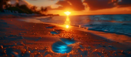 Gordijnen Bioluminescent Footprints Along Ocean Shore, Capturing Magic in Nature Photography - AI-Generated © FUTURESEND