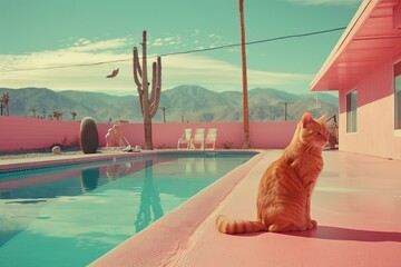 ginger cat beside a swimming pool at a pink motel with desert and cactuses in the background, film camera, visual noise