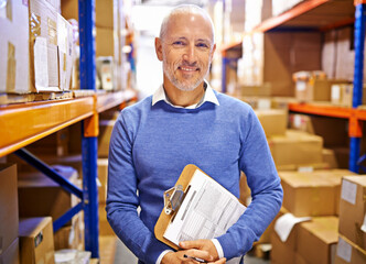 Portrait, boxes or man with factory checklist for delivery order, storage or stock on clipboard. Warehouse, mature manager or supply chain inspection for product, package or wholesale cargo shipping