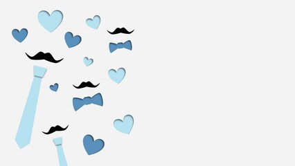 Father's day animated background illustration with blue ties, bow ties, and mustache paper cutout animation with copy space