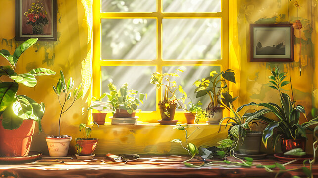 Bright Windowsill Garden, Showcasing the Charm of Urban Gardening and Floral Beauty