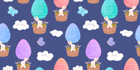 Easter bunnies pattern, egg balloon,  Easter eggs seamless pattern, spring pattern with flowers and rabbits, watercolor, flowers and clouds, butterflies, spring print for textiles