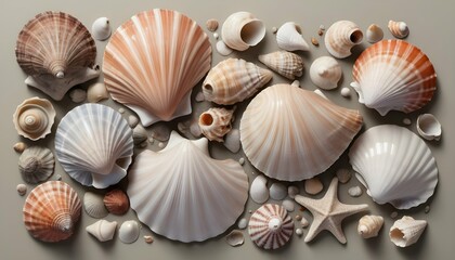 A Still Life Painting Of A Collection Of Seashells - obrazy, fototapety, plakaty