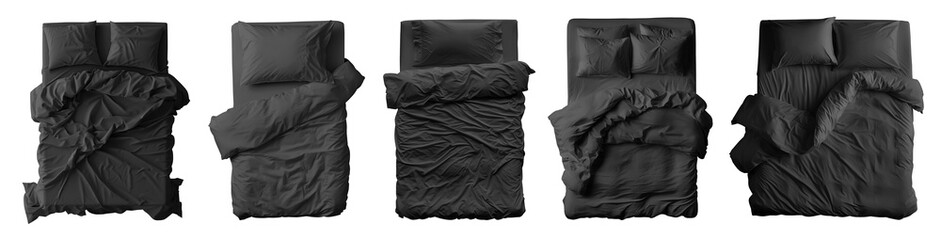 Collection set of black blank blanket, pillows, comforter duvet bedding double king queen single bed top view on transparent cutout, PNG file. Many design. Mockup template for artwork graphic design