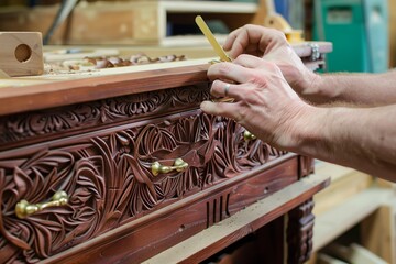 person attaching brass handles to a carved mahogany drawer - obrazy, fototapety, plakaty
