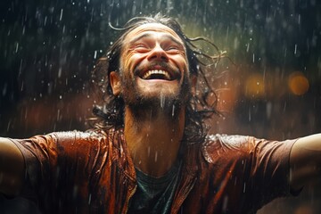 The Hopecore-inspired portrait of a man dancing freely in the rain, embracing life's challenges with optimism, resilience, and a sense of inner joy.