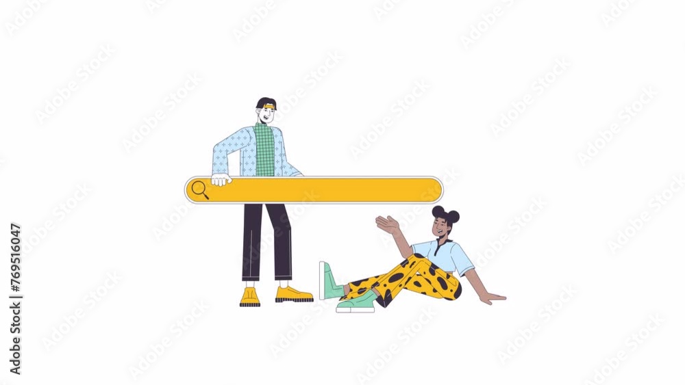 Aufkleber users communicating by search bar line 2d characters animation. data browsing flat color cartoon 4k 