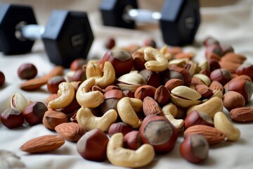 handful of mixed nuts with dumbbells scattered in the back - obrazy, fototapety, plakaty