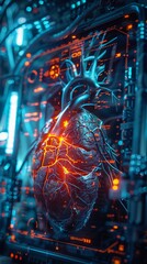 Futuristic Cybernetic Health Innovations Institute, glowing interfaces, advanced medical tech , high resolution DSLR, 8K, high detailed, super detailed , ultra HD, 8K resolution , up32K HD