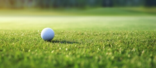 A Golf ball rests on the smooth green grass of a golf course, ready for the next shot in a competitive golf event