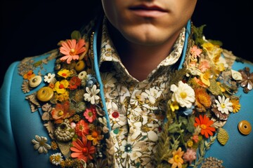Image of a man, the collar of his jacket decorated with colorful flowers spilling out from the pocket