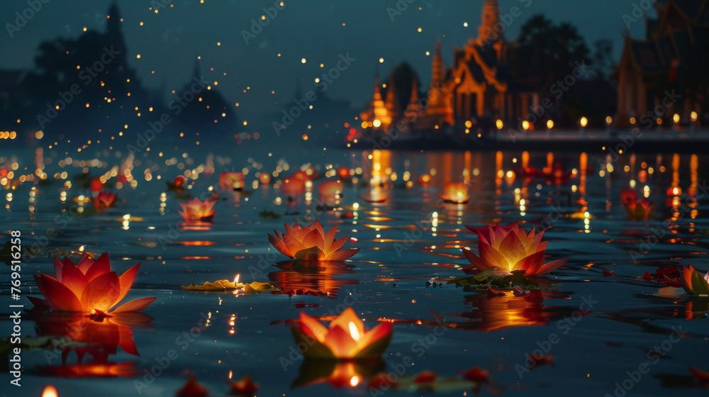 Aufkleber traditional floating lanterns gently glide on a river against a twilight sky, creating a serene and 