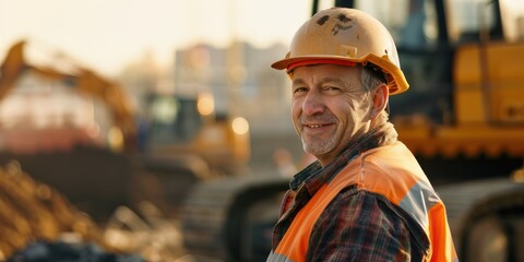 A man is working at a construction site. Construction hard hats and work vests Beaming Middle-aged 