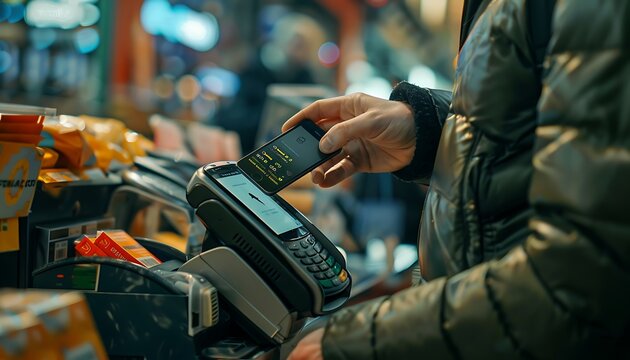Man adopts mobile payment methods in various stores, captured in close-up shots