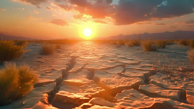 A fractured world landscape With barren vegetation and a sun-scorched horizon. which is a symbol of global warming and drought