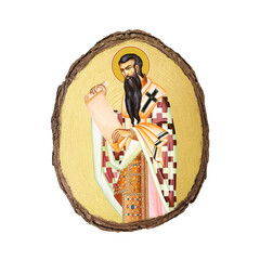 Christian vintage illustration of Basil of Caesarea. Golden religious image in Byzantine style on white background