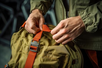 
Close up shot of hands adjusting the straps on a rucksack, preparing for a rucking exercise - obrazy, fototapety, plakaty