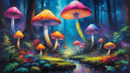 Fototapeta na wymiar Mushrooms thrive in the forest, surrounded by nature's beauty This illustration captures the magic of autumn with vibrant colors and intricate details