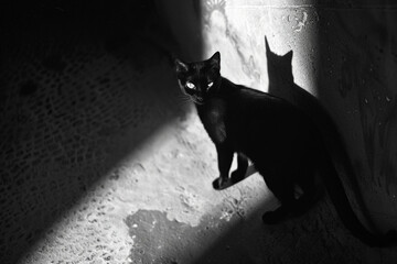 A cat thief, its fur blending with the darkness, deftly maneuvers past high-tech security, a master of nocturnal heists. - obrazy, fototapety, plakaty