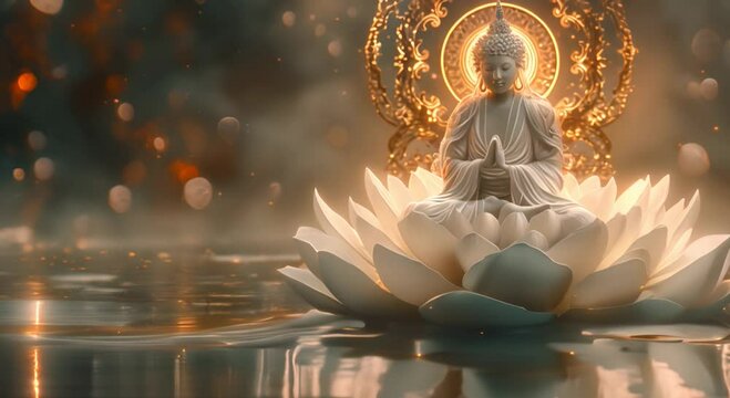Digital art of a Buddha sitting on a lotus flower, 