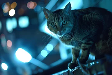 Foto op Plexiglas A cat thief, its fur blending with the darkness, deftly maneuvers past high-tech security, a master of nocturnal heists. © arhendrix