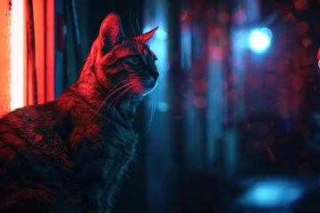 Fotobehang A cat thief, its fur blending with the darkness, deftly maneuvers past high-tech security, a master of nocturnal heists. © arhendrix