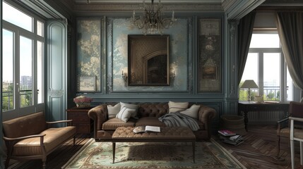 Classic living room in blue gray tones
